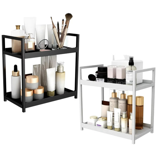 Shelfy Glide 2-tier under-sink organizer with sliding lower basket, hooks and hanging cups